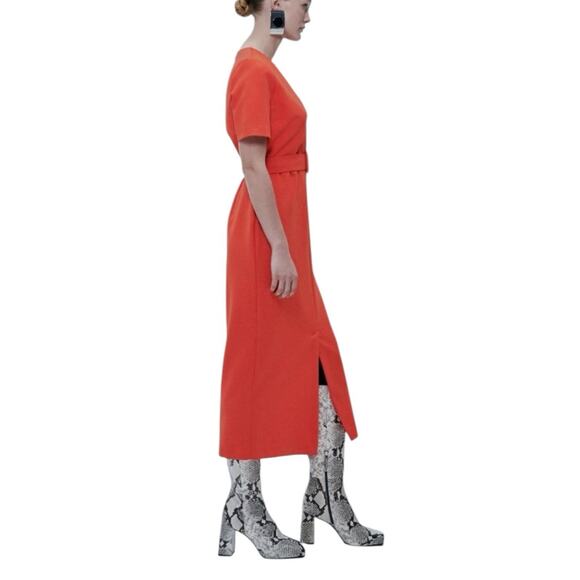 ZARA Midi Dress Belted Orange Sheath Large - Picture 2 of 12